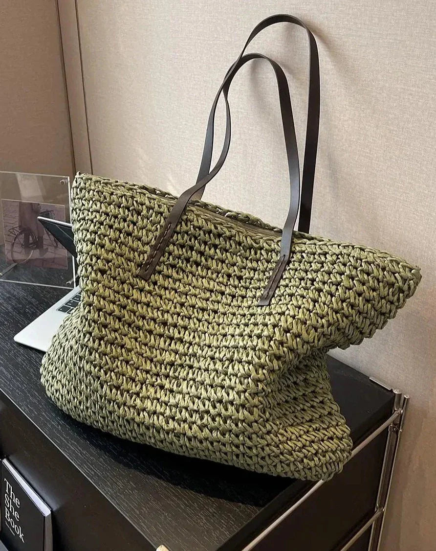 Sac de plage en paille tressée femme, fermeture éclair, 42 x 36 cm