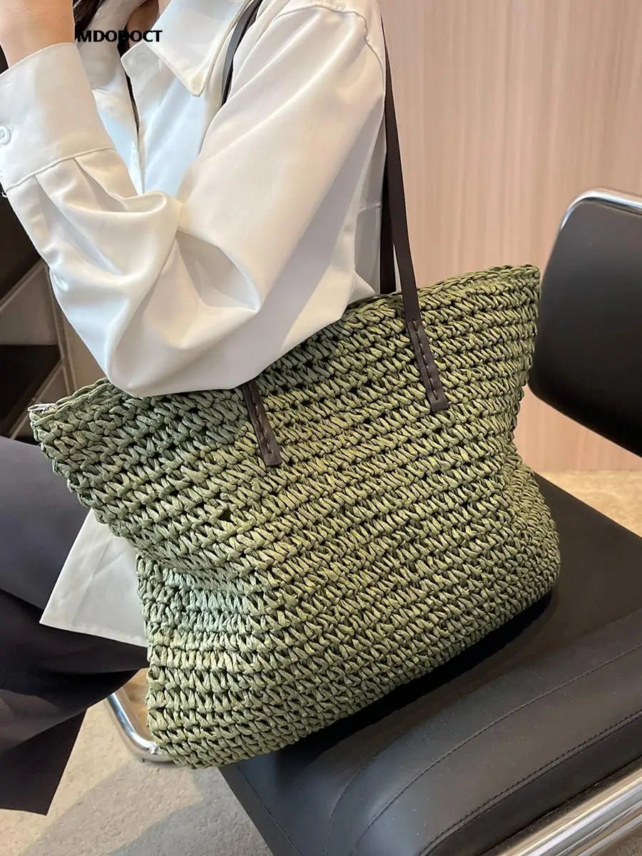 Sac de plage en paille tressée femme, fermeture éclair, 42 x 36 cm