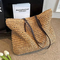 Sac de plage en paille tressée femme, fermeture éclair, 42 x 36 cm, marron clair