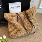 Sac de plage en paille tressée femme, fermeture éclair, 42 x 36 cm, marron clair