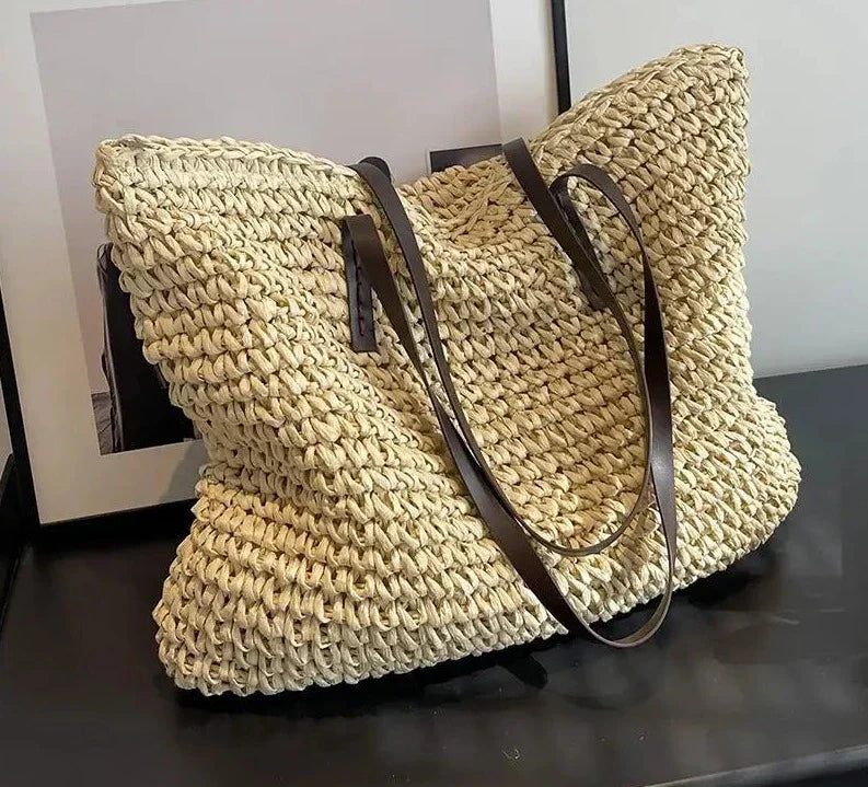Sac de plage en paille tressée femme, fermeture éclair, 42 x 36 cm, beige