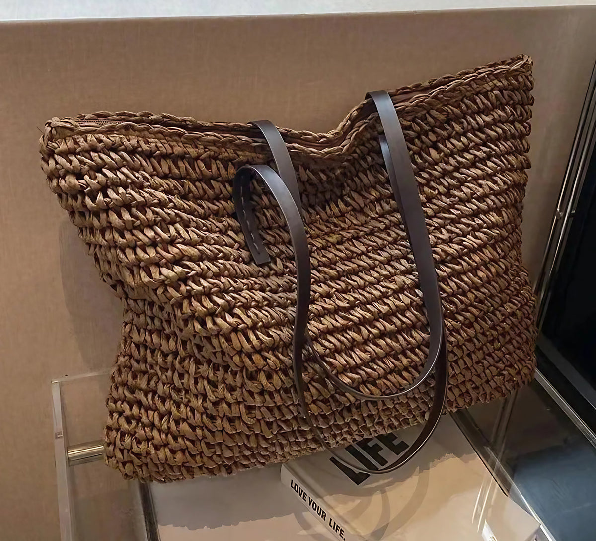 Sac de plage en paille tressée femme, fermeture éclair, 42 x 36 cm, marron foncé