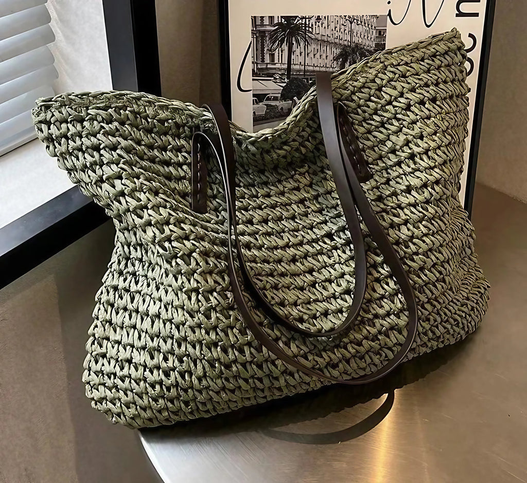 Sac de plage en paille tressée femme, fermeture éclair, 42 x 36 cm, vert