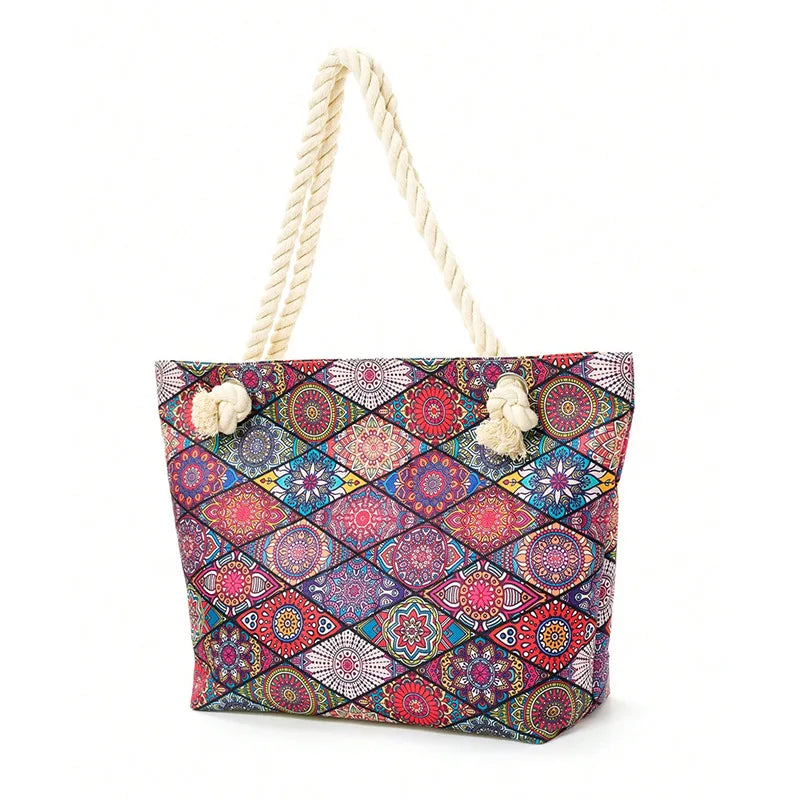 Sac de plage cabas en toile, anses en corde, cinq motifs