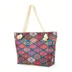 Sac de plage cabas en toile, anses en corde, cinq motifs