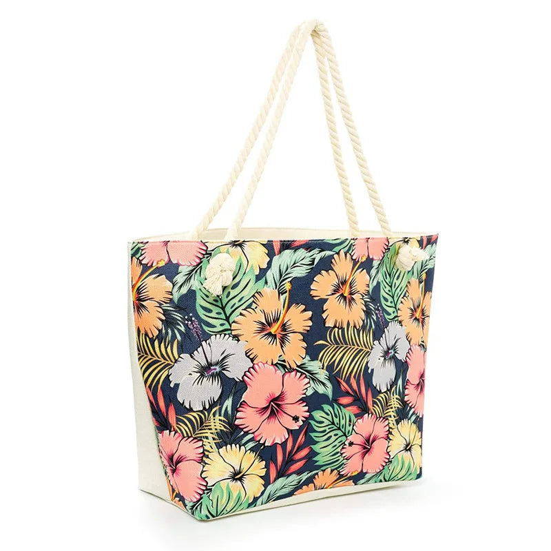 Sac de plage cabas en toile, anses en corde, cinq motifs
