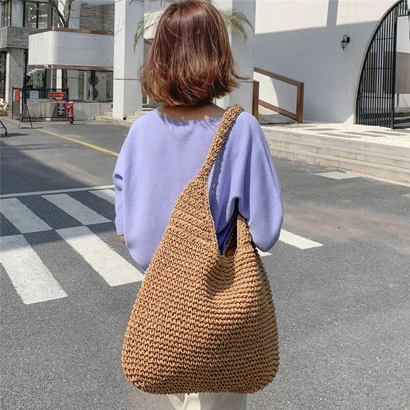 Sac de plage femme en paille tressée, 38 x 37 cm