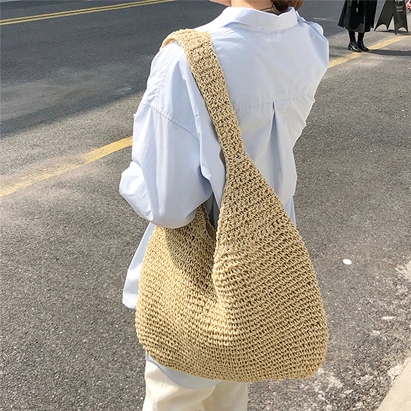 Sac de plage femme en paille tressée, 38 x 37 cm