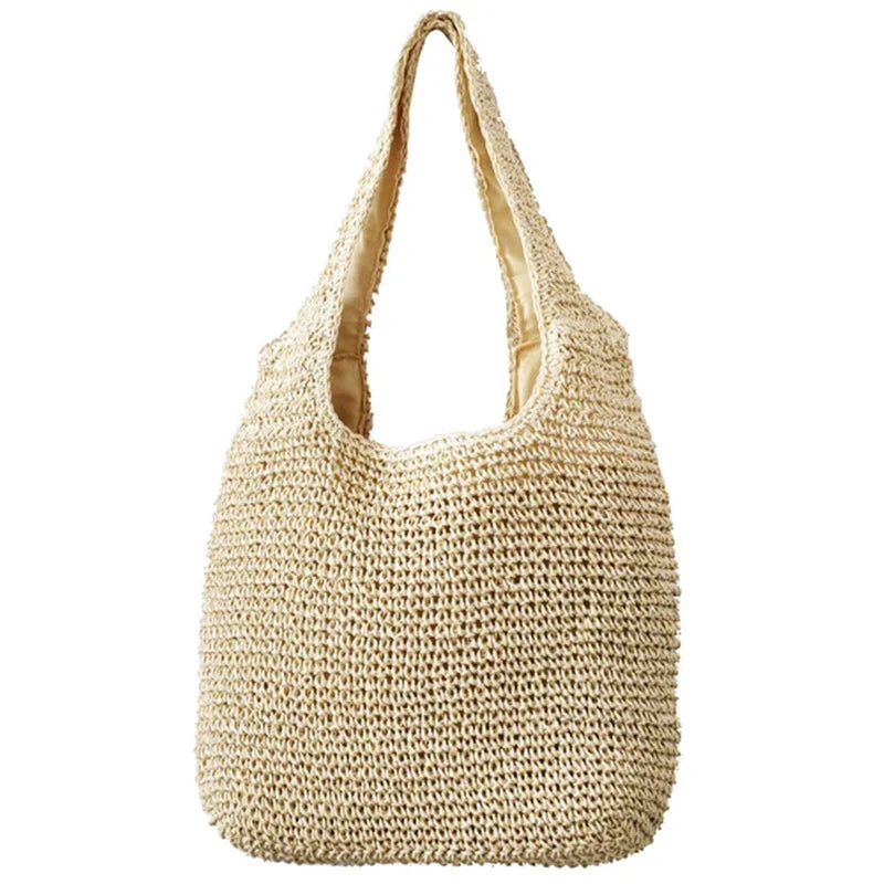 Sac de plage femme en paille tressée, 38 x 37 cm, beige