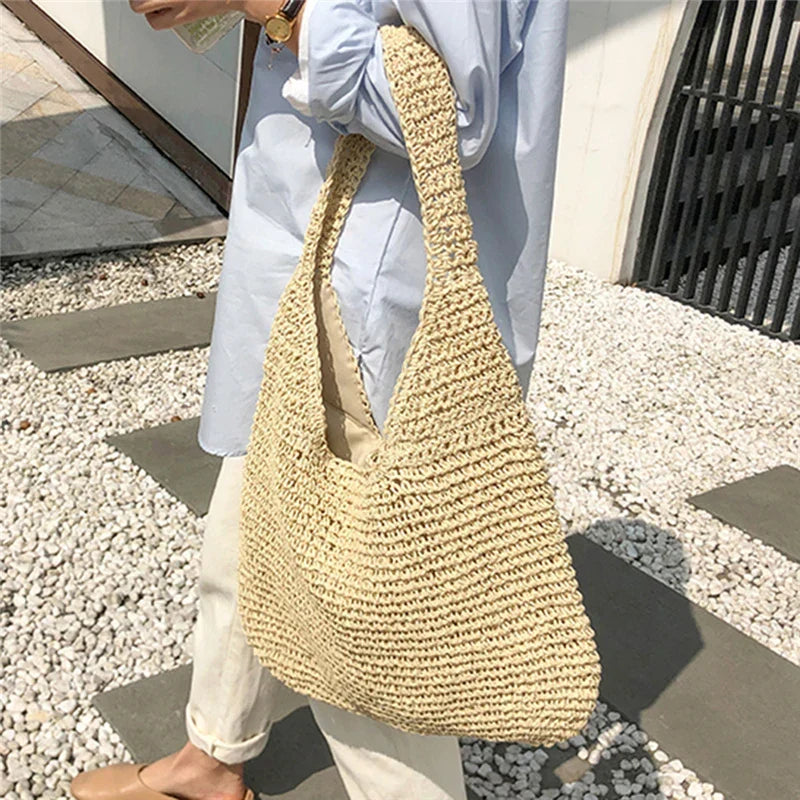 Sac de plage femme en paille tressée, 38 x 37 cm