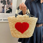 Sac en paille brodé femme, motifs fruits et plage, à cordon