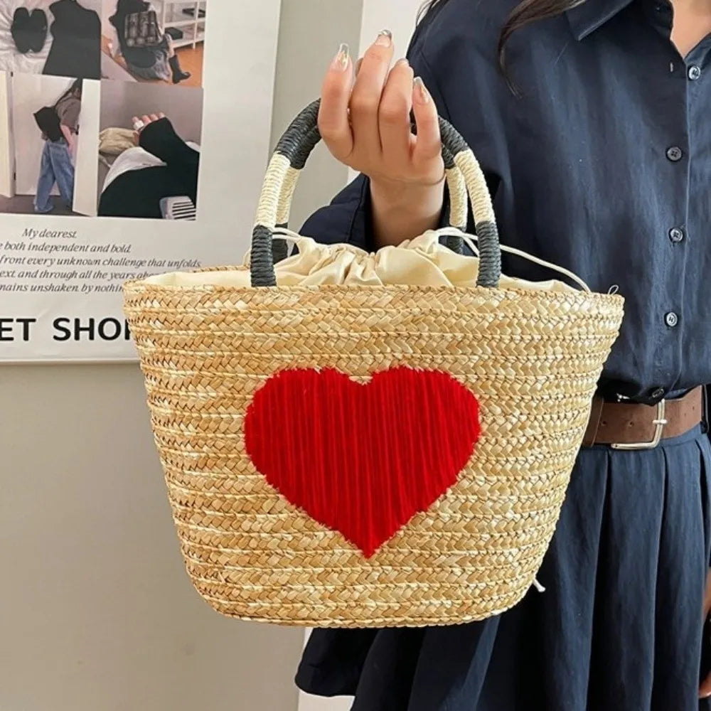 Sac en paille brodé femme, motifs fruits et plage, à cordon