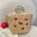 Sac en paille brodé femme, motifs fruits et plage, à cordon