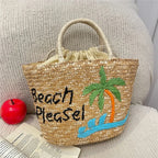 Sac en paille brodé femme, motifs fruits et plage, à cordon