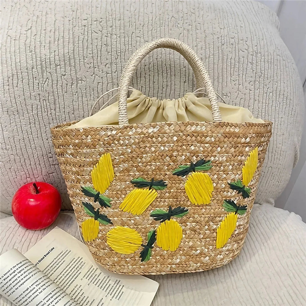 Sac en paille brodé femme, motifs fruits et plage, à cordon