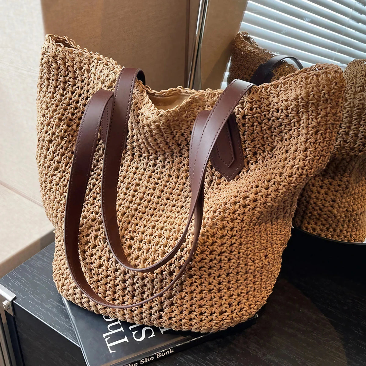 Sac de plage en paille tissée, zippé et pliable, trois coloris