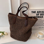 Sac de plage en paille tissée, zippé et pliable, trois coloris, café