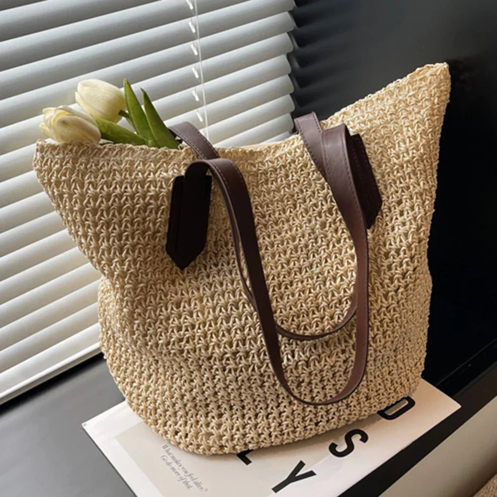 Sac de plage en paille tissée, zippé et pliable, trois coloris, beige