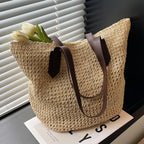 Sac de plage en paille tissée, zippé et pliable, trois coloris, beige