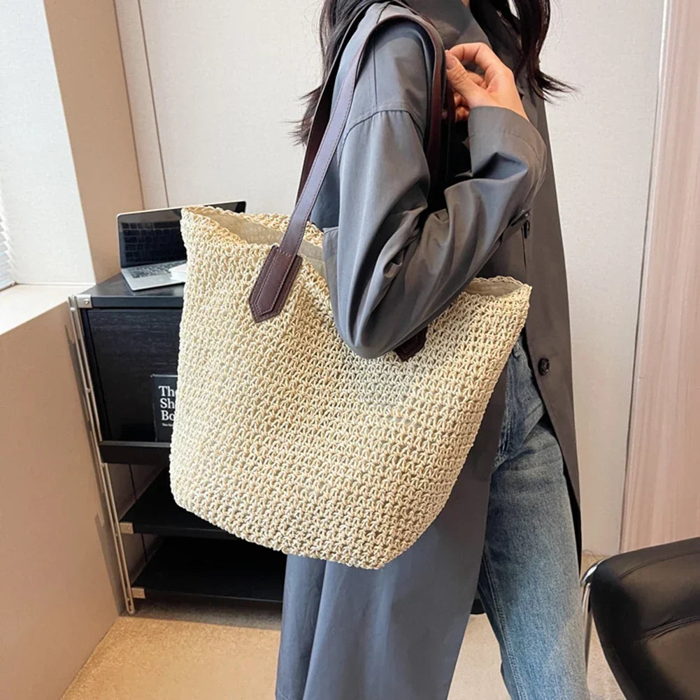 Sac de plage en paille tissée, zippé et pliable, trois coloris