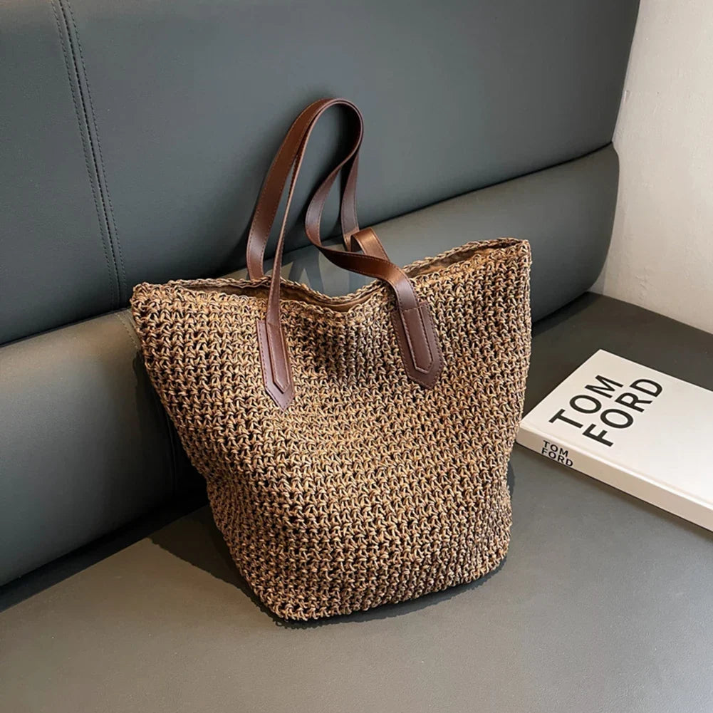 Sac de plage en paille tissée, zippé et pliable, trois coloris
