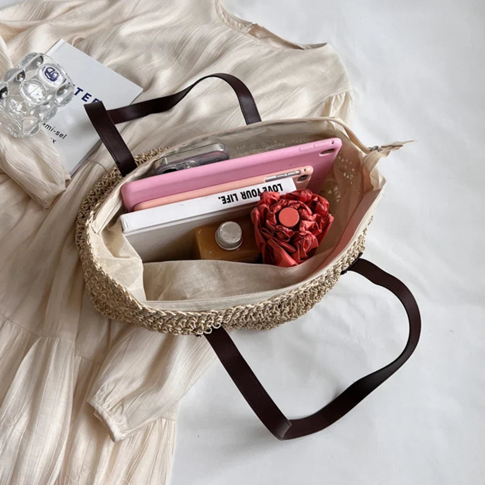 Sac de plage en paille tissée, zippé et pliable, trois coloris