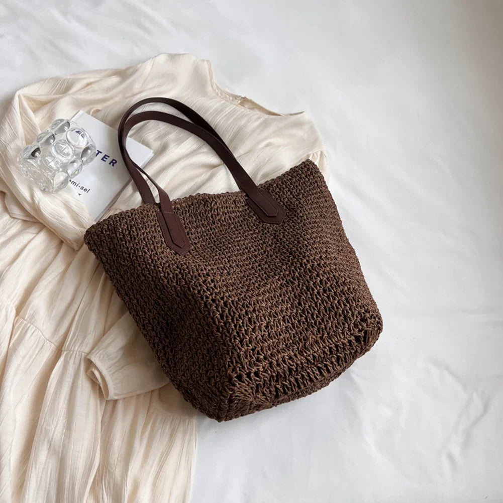 Sac de plage en paille tissée, zippé et pliable, trois coloris