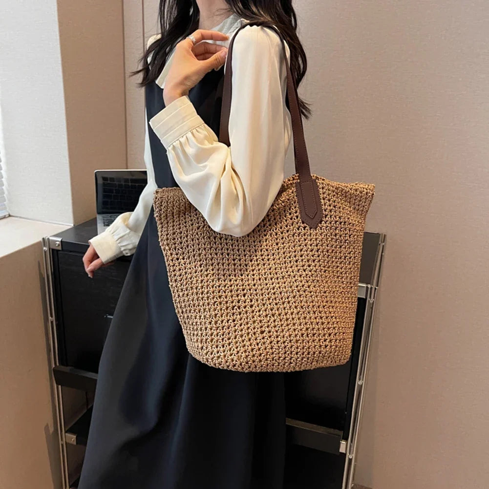 Sac de plage en paille tissée, zippé et pliable, trois coloris