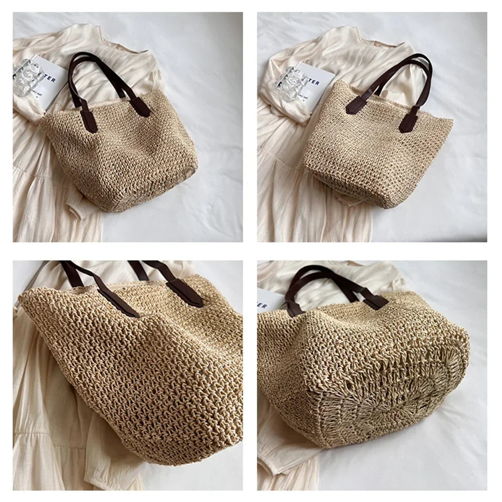 Sac de plage en paille tissée, zippé et pliable, trois coloris