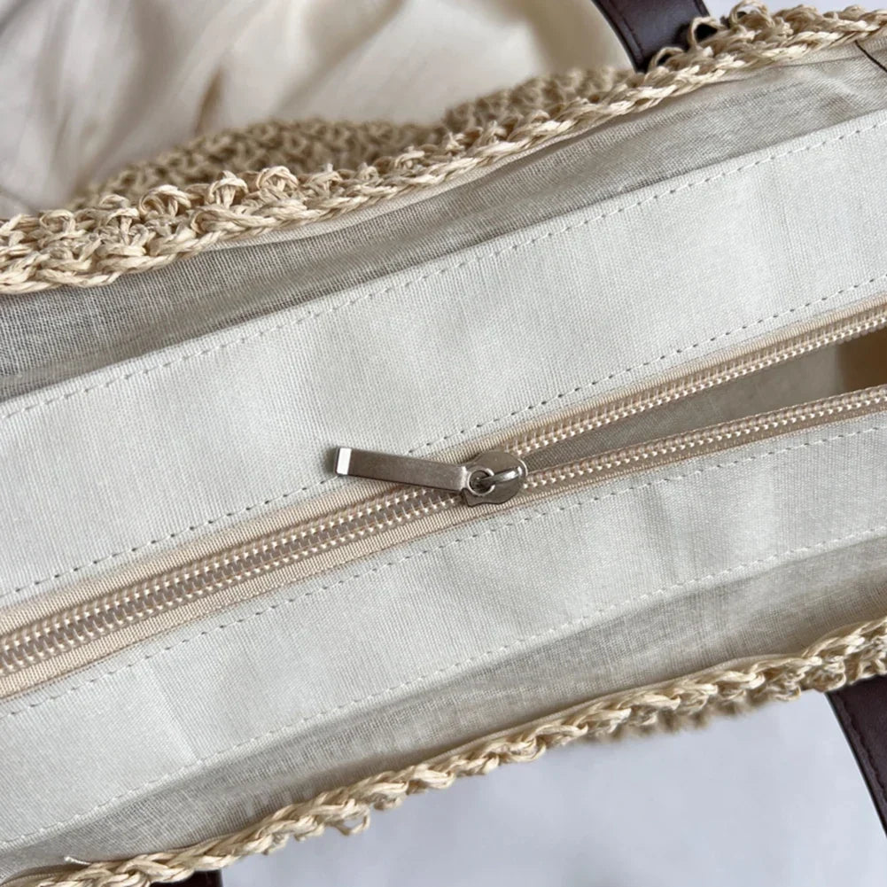 Sac de plage en paille tissée, zippé et pliable, trois coloris