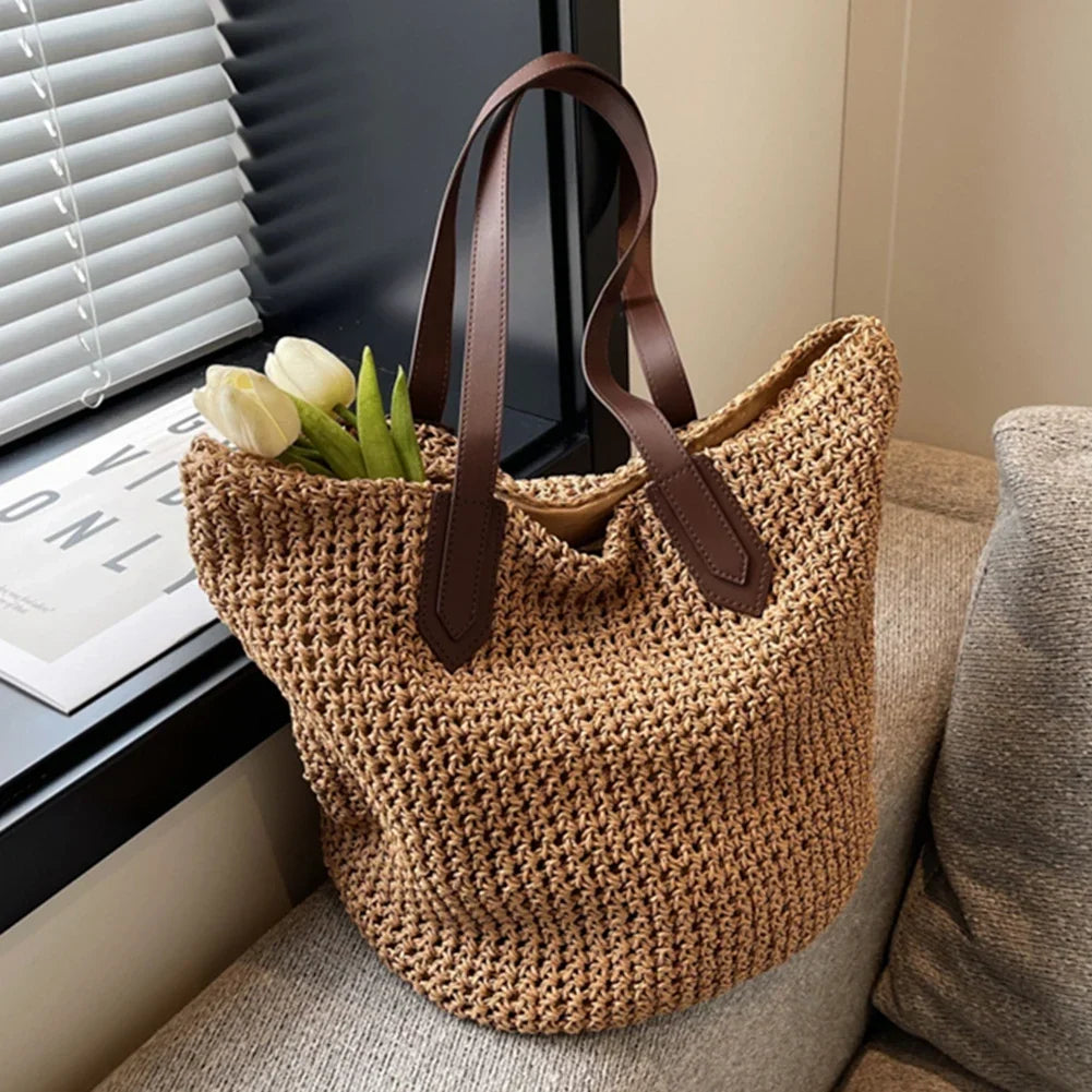 Sac de plage en paille tissée, zippé et pliable, trois coloris, marron