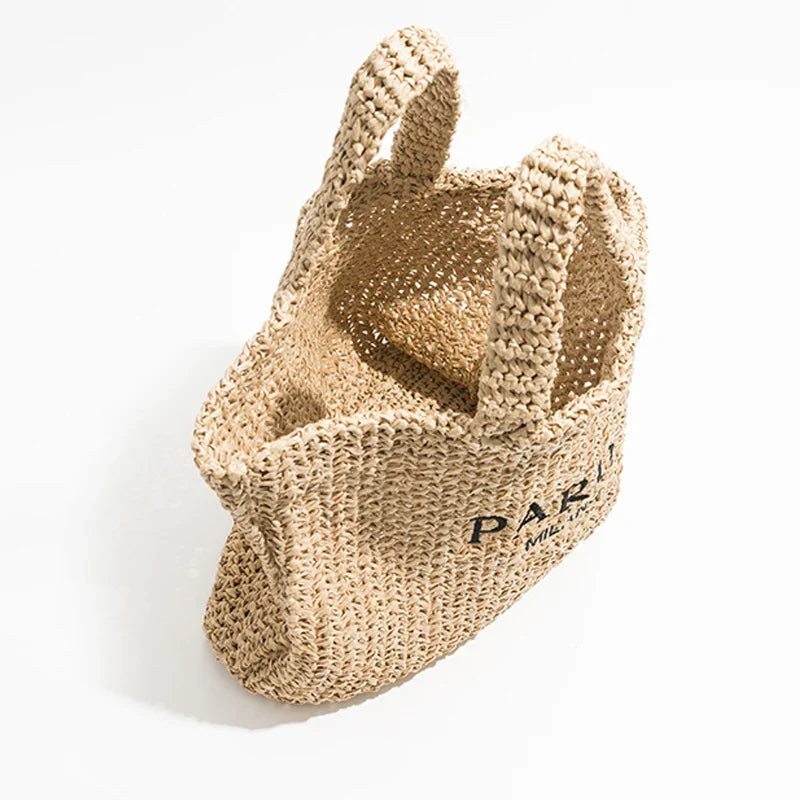 Sac de plage femme en paille tressée, deux anses, 38 x 31 cm