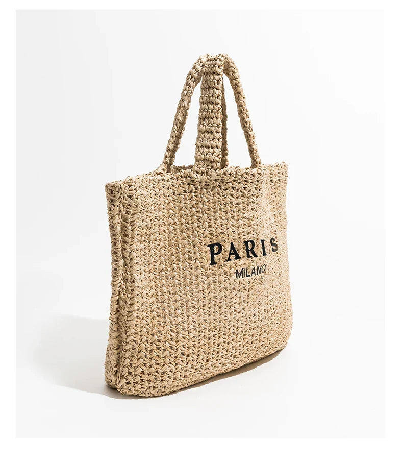 Sac de plage femme en paille tressée, deux anses, 38 x 31 cm