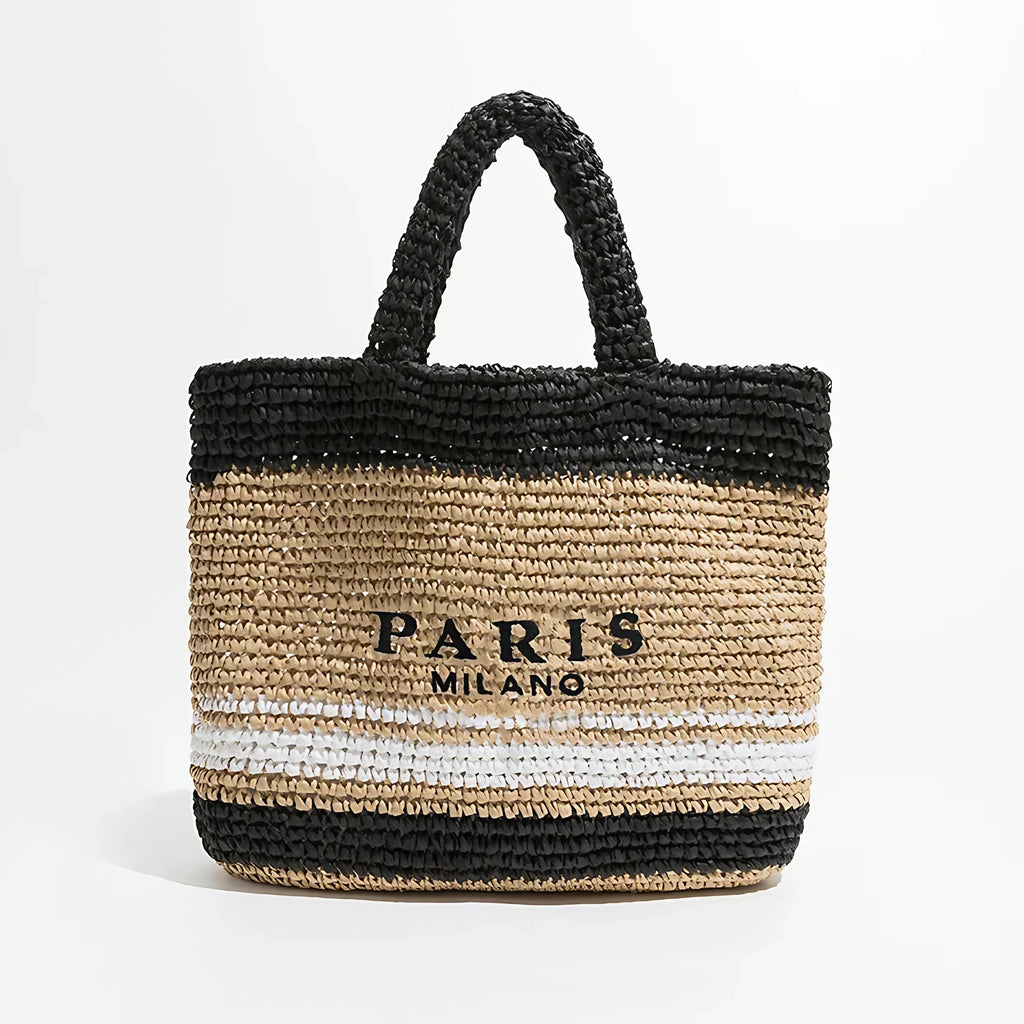 Sac de plage femme en paille tressée, deux anses, 38 x 31 cm, bicolore