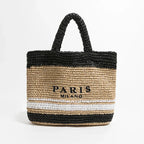 Sac de plage femme en paille tressée, deux anses, 38 x 31 cm, bicolore