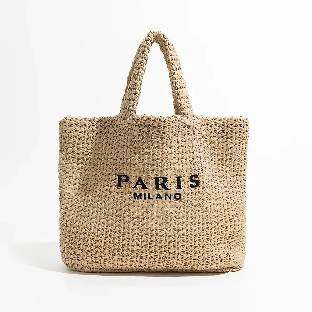Sac de plage femme en paille tressée, deux anses, 38 x 31 cm, beige