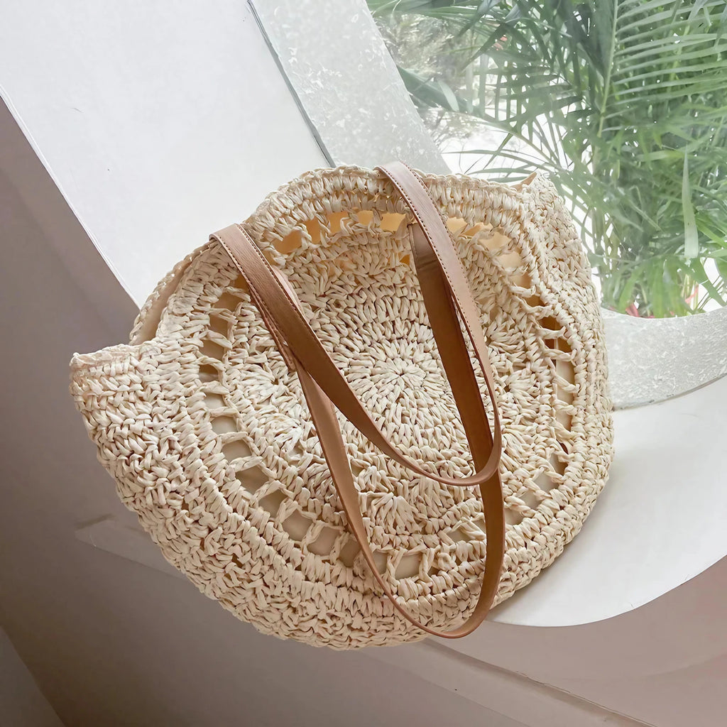 Sac de plage en paille femme, anses en similicuir, doublé