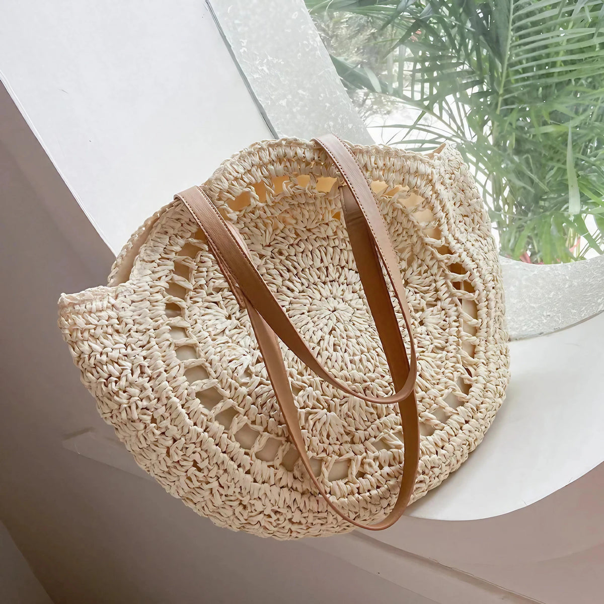 Sac de plage en paille femme, anses en similicuir, doublé