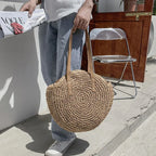 Sac de plage en paille femme, anses en similicuir, doublé