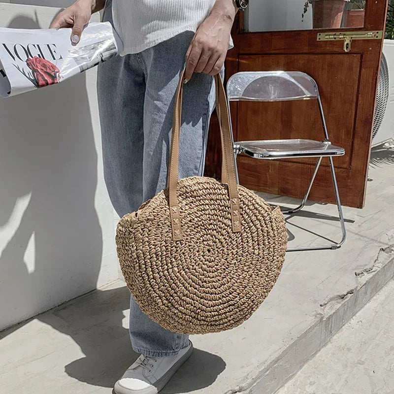 Sac de plage en paille femme, anses en similicuir, doublé