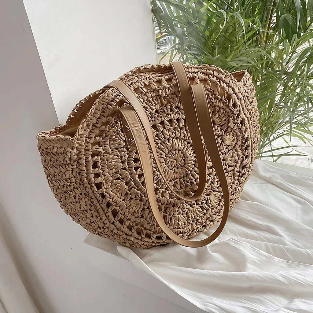Sac de plage en paille femme, anses en similicuir, doublé