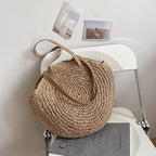 Sac de plage en paille femme, anses en similicuir, doublé