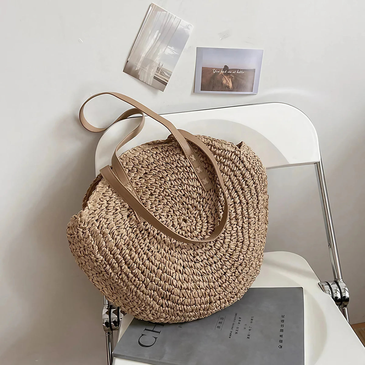 Sac de plage en paille femme, anses en similicuir, doublé