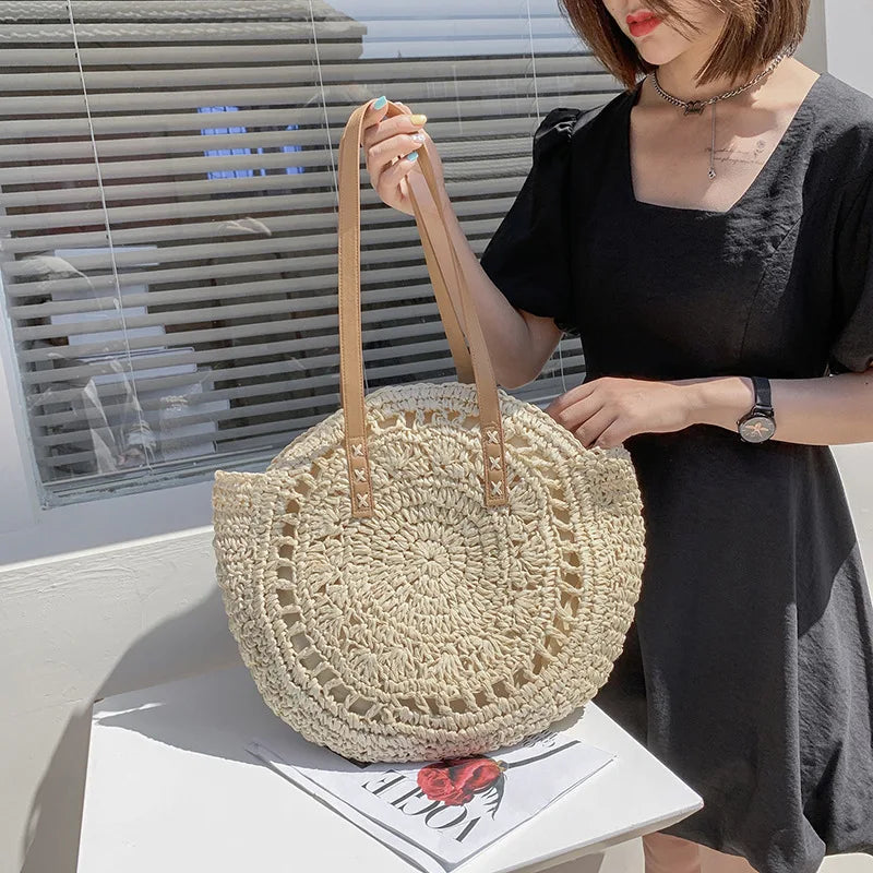 Sac de plage en paille femme, anses en similicuir, doublé