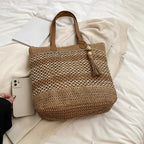 Grand sac de plage femme en paille ajourée, zippé et doublé