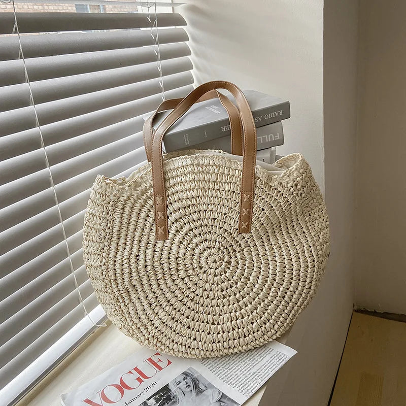 Sac de plage en paille femme, anses en similicuir, doublé