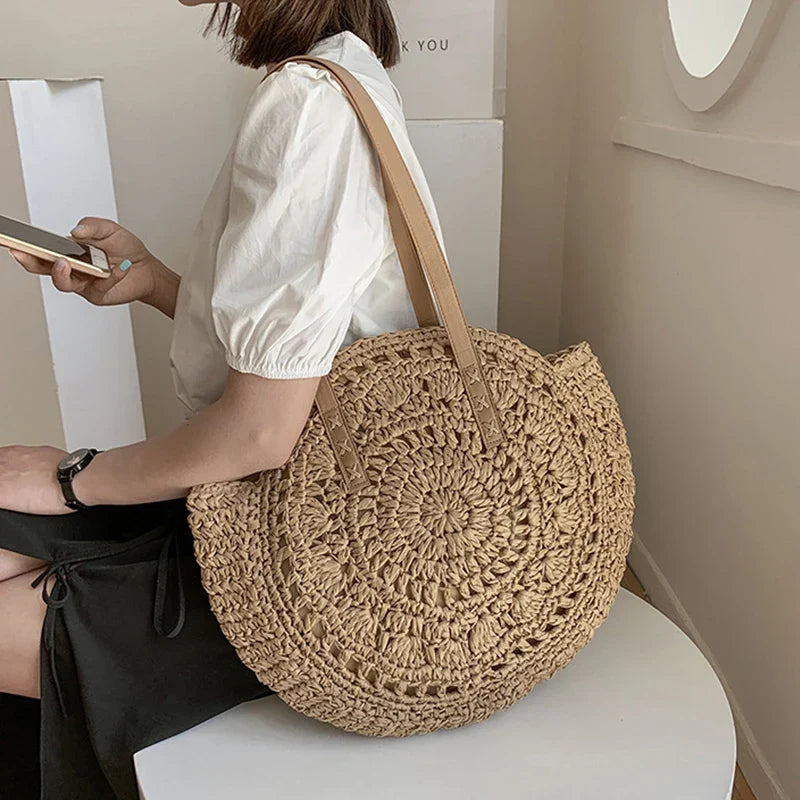Sac de plage en paille femme, anses en similicuir, doublé