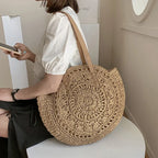 Sac de plage en paille femme, anses en similicuir, doublé