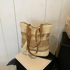 Grand sac de plage femme en paille ajourée, zippé et doublé, beige