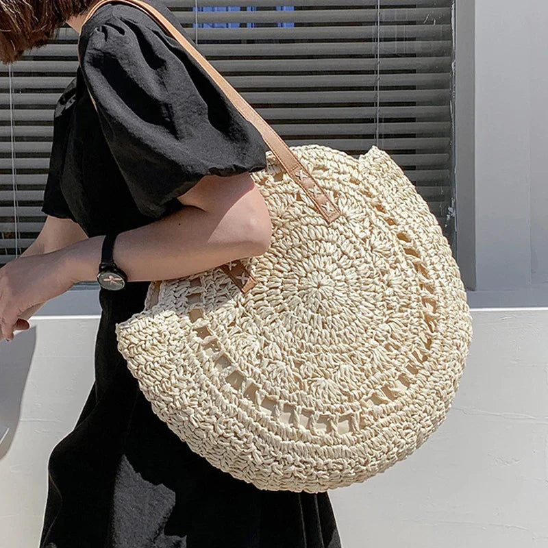Sac de plage en paille femme, anses en similicuir, doublé
